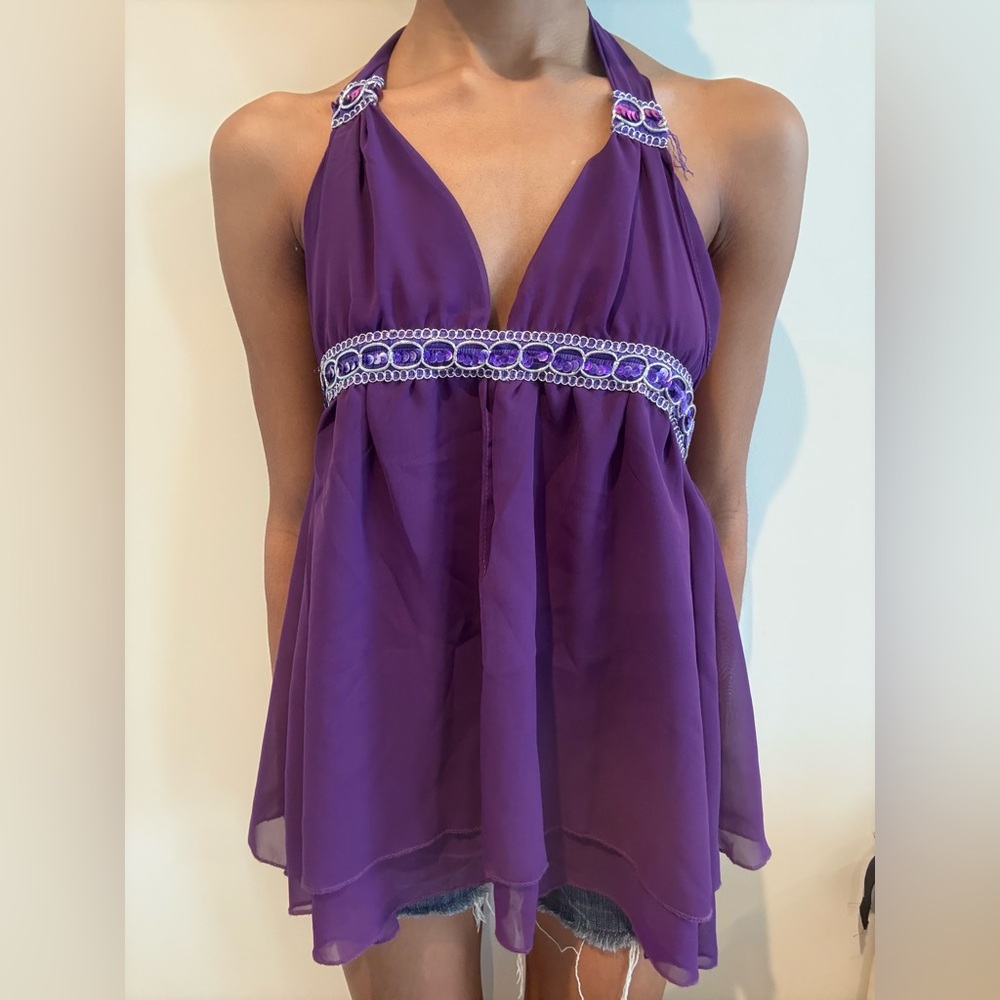 Y2K Purple Sequins Halter Top